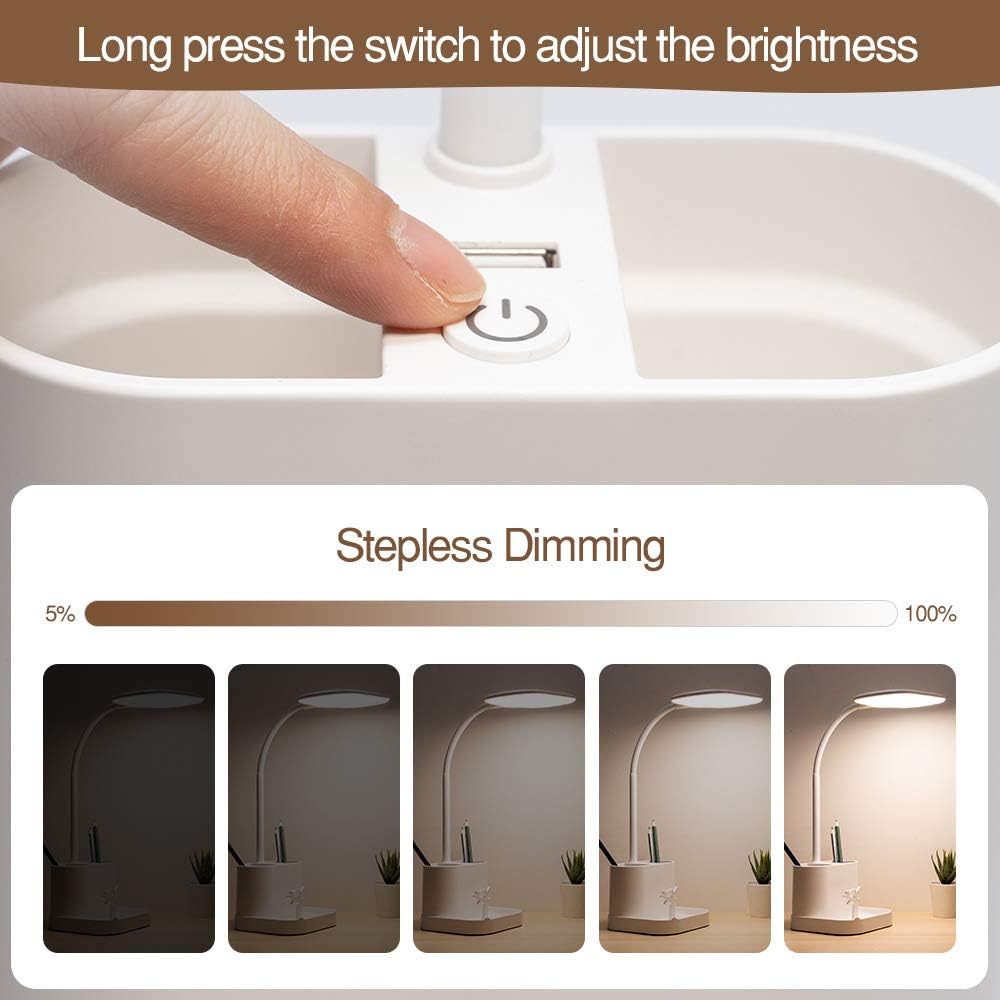 LED Small Desk Lamp for Home Office with USB Charging Port Pen Holder Gooseneck Adjustable Reading Light 3 Color Modes Stepless Dimming Touch Table Lamp for Bedroom Bedside Desktop Study Work Room - - 