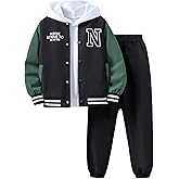 SweatyRocks Boy's 2 Piece Outfits Letter Printed Colorblock Bomber Jackets and Pants Set