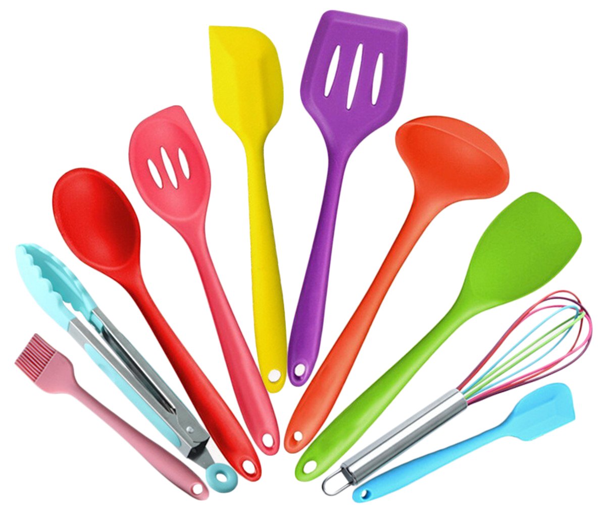 Malayas - 10 Piece Home Silicone Kitchen Utensils Set,Heat Resistant Multicolor Kitchen Cooking Set Including Brush, Tongs, Spoon, Slotted Spoon, Large Spatula, Slotted Turner, ladle, Baking Spoonula