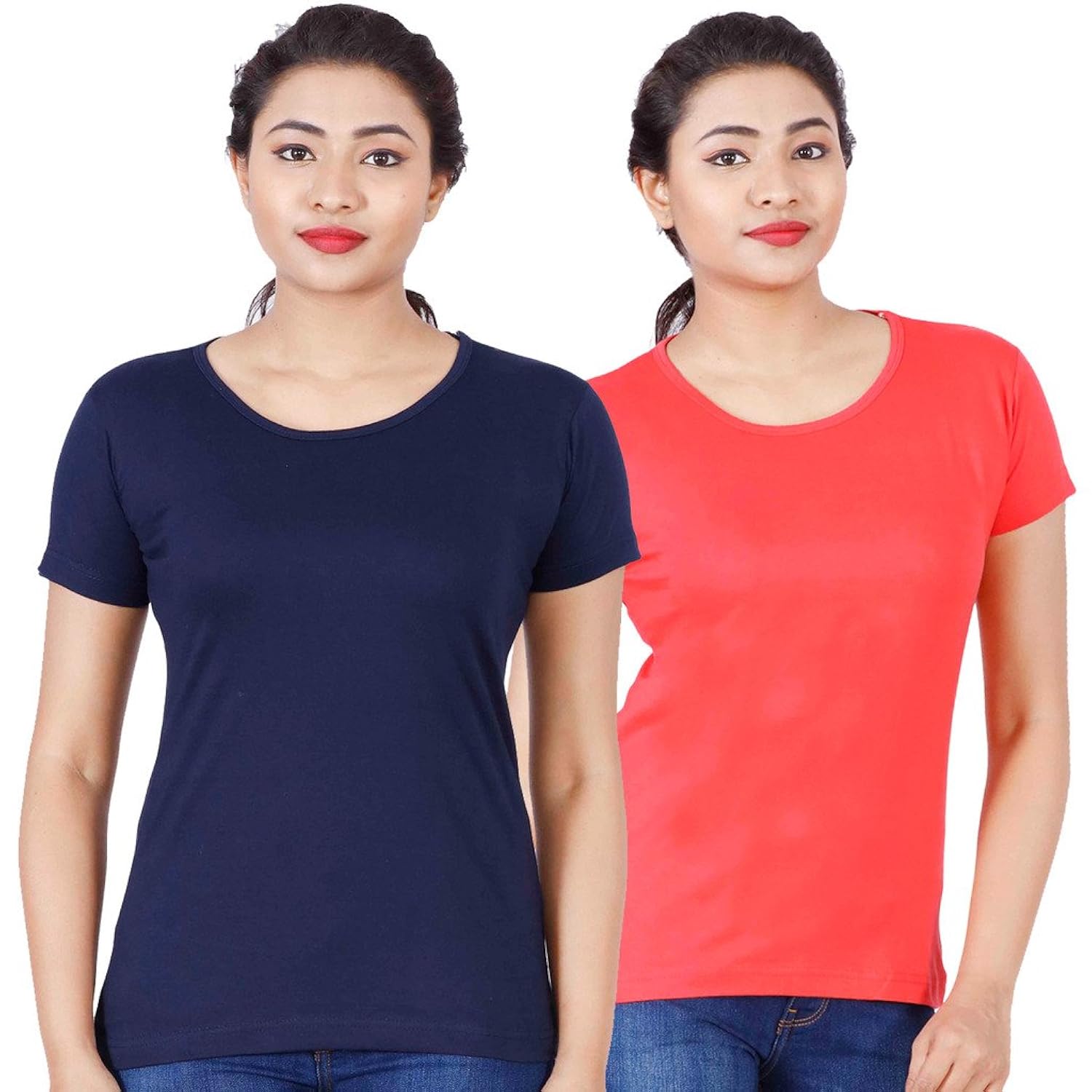 fleximaa women's cotton round neck plain t-shirt (pack of 2)