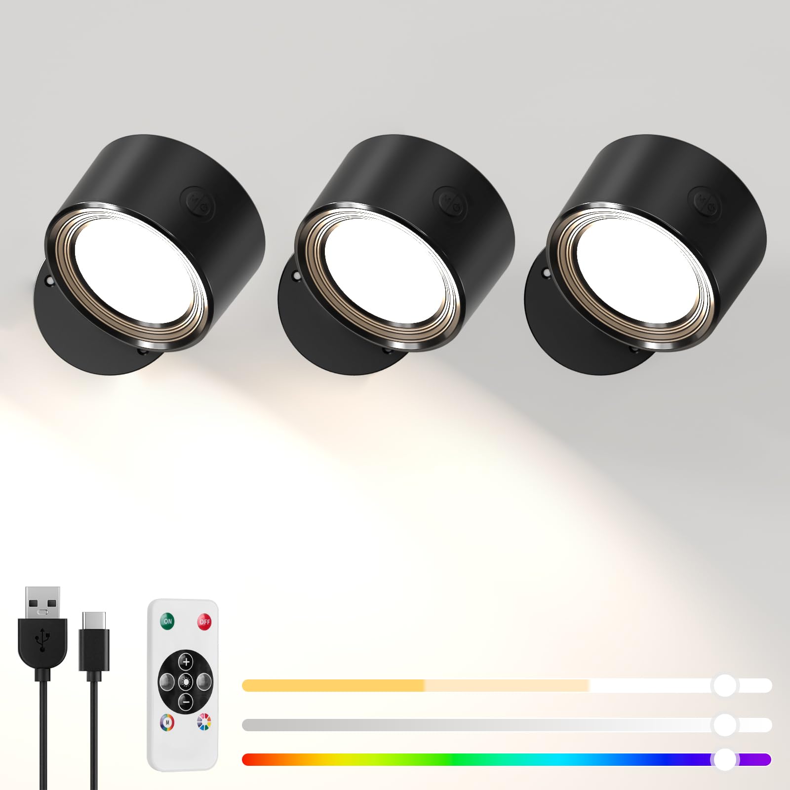 LED Wall Lights with Remote, 3 Pcs Rechargeable RGB Wall Mounted Reading Sconces Lamp 3000mAh, 3 Colors & Dimmable Magnetic 360° Rotation Wall Lighting Spotlights for Bedroom Bedside