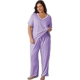 Givtzzod Plus Size Women Pajama Sets Short Sleeve Long Pants Solid Color Sleepwear V Neck Casual Lounge Sets Nighty