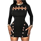 SHENHE Women's Cut Out Gromment Eyelet Mini Dress Long Sleeve Crewneck Punk Bodycon Dresses