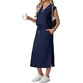 Lepunuo Women Skirt Sets 2 Piece Outfits Casual Half Zip Lapel Cap Sleeve Tops Split Maxi Skirt Airport Travel Outfits