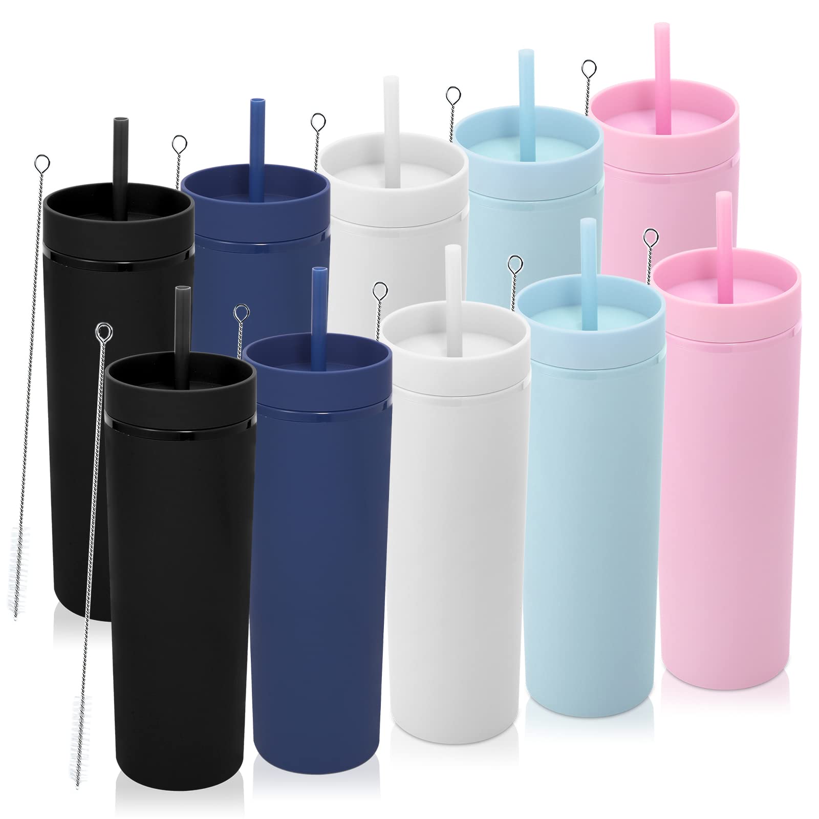 Photo 1 of Volhoply 20oz Plastic Skinny Tumblers Bulk 10 Pack,Double Wall Tumbler with Lid and Straw,BPA Free Matte Acrylic Iced Coffee Cups With Straw,Reusable Travel Mug for Party,DIY Gifts(Assorted, 10 Set)
