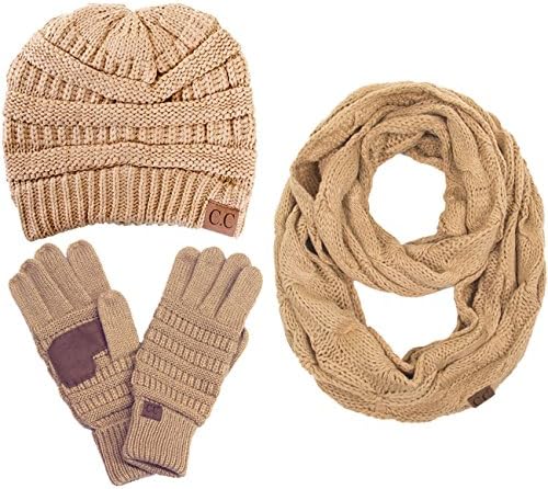ScarvesMe CC 3pc Set Trendy Warm Chunky Soft Stretch Cable Knit Beanie Scarves Gloves Set