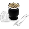 binsakao Yerba Mate Cup Set Stainless Steel Double Walled Yerba Mate Gourd with Bombilla Yerba Mate Straw, Cleaning Brush & Lid 8.4 oz (Black)