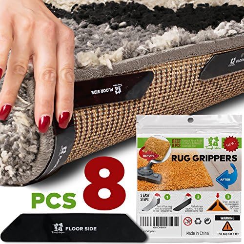 FunnyHelpers Rug Grippers – Non Slip Anti Curling Rug Stoppers for Carpet Corners and Edges (Set of 8) – Two-sided Reusable Carpet Anchors for Kitchen &amp; Bathroom – Ideal Anti Slip Rug Pad for Rugs