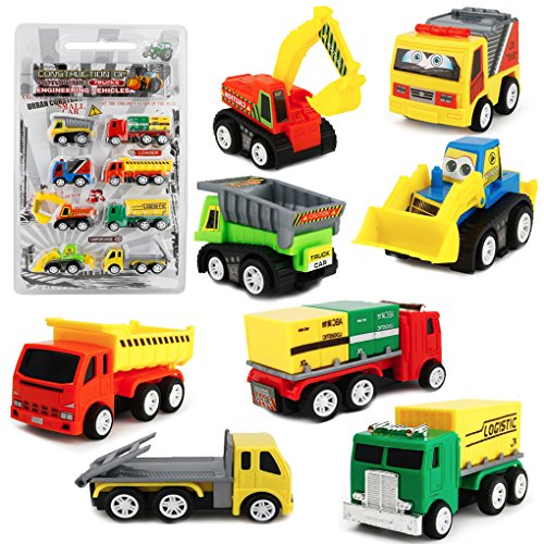Sanlebi Construction Vehicles Toy Set with PlayMat Mini Pull Back Cars Model Trucks Play for Children Kids Toddlers Boys Birthday Cake Topper , Pack of 9 - Thumbnail 6