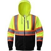 Kazsaifo Hi Vis Hoodie for Men Women Class 3 High Visibility Safety Hoodies Jacket Reflective Zip Up Hoodie Hooded Fleece High Vis Safety Sweatshirts with Black Bottom and Pockets(KZV-YellowLink-XL)