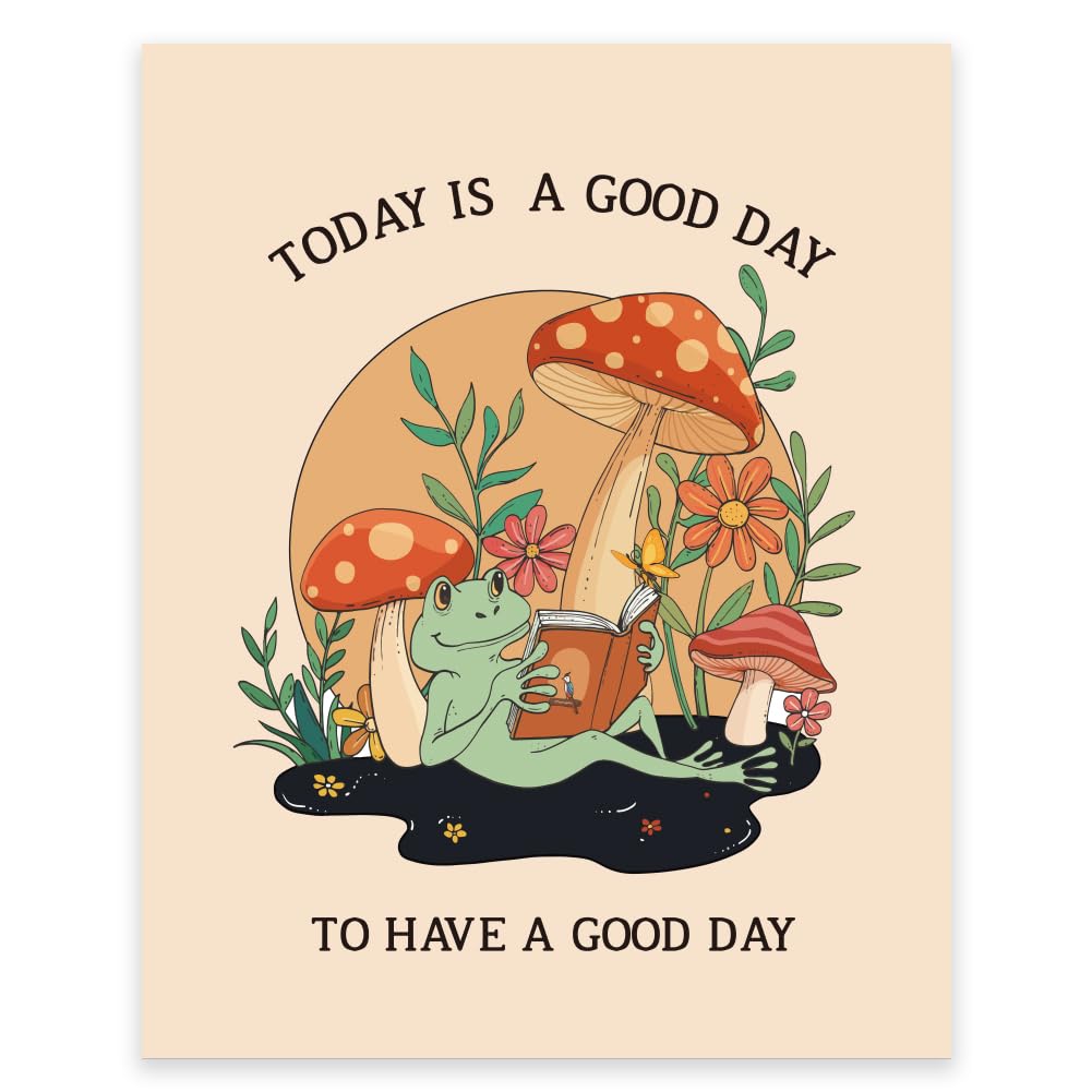 GOMAKERER 1 Pc Cute Frog In Mushroom Wall Art, Today Is A Good Day To Have A Good Day Wall Poster Unframed Positive Quotes Inspirational Prints Vintage Hand-painted Poster for Home Office