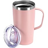 MEBRUDY 19oz Insulated Coffee Mug with Lid, Stainless Steel Double Wall Vacuum Travel Coffee Mug with Handle, Pink