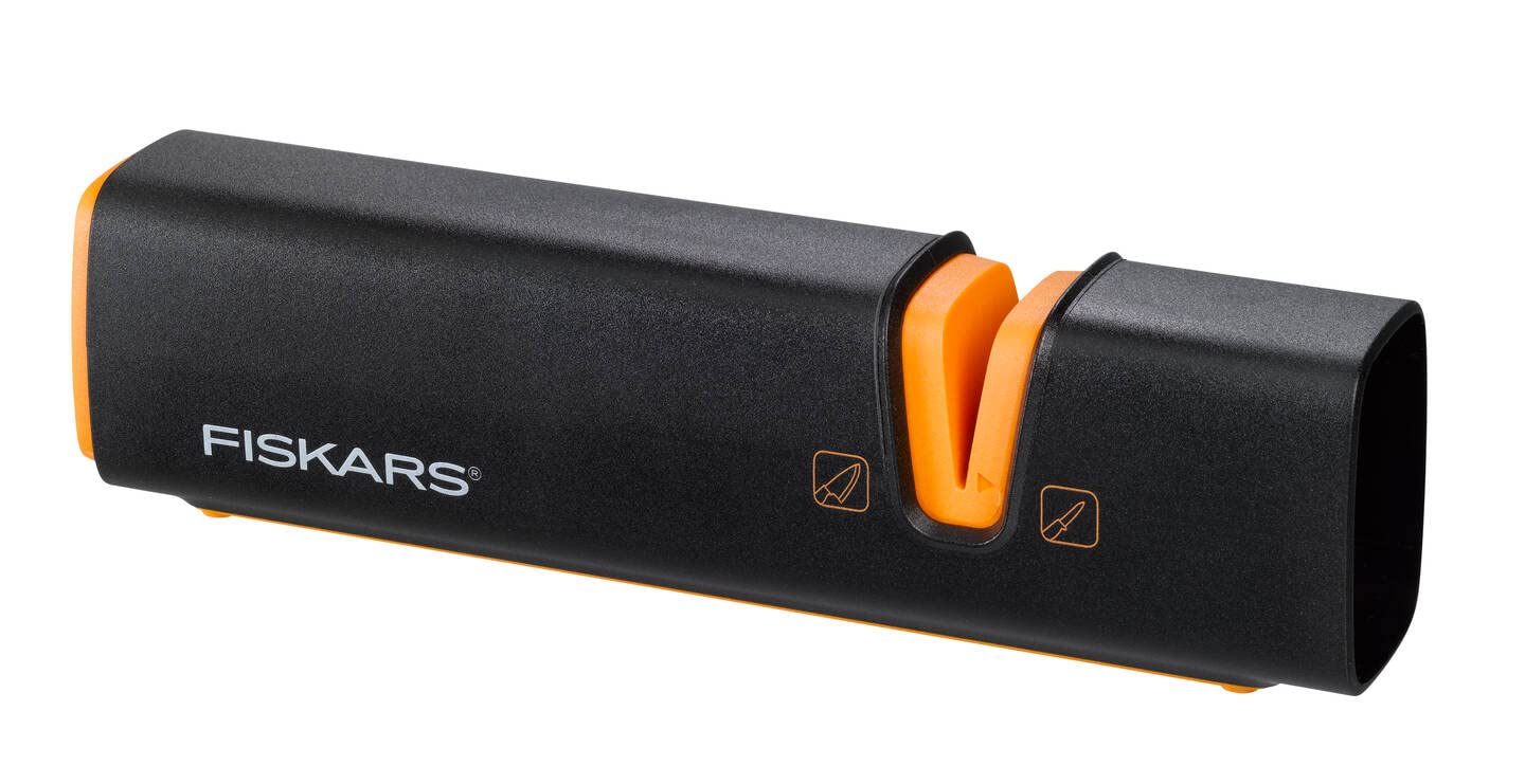 Fiskars Knife Sharpener for Sharp Knife Blades Made of Steel, Ceramic Sharpening Stone, Edge, Roll-Sharp, Black/Orange, 1003098