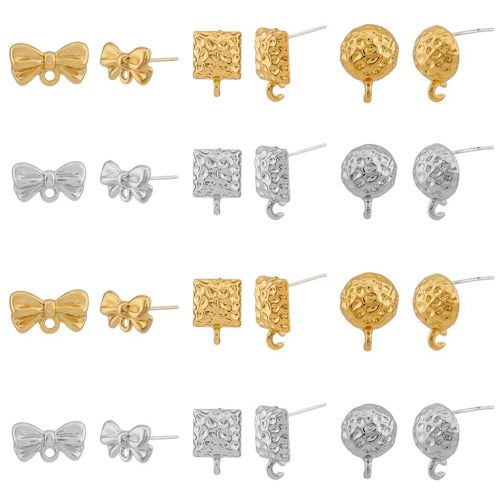 DICOSMETIC 48Pcs 3 Styles Geometric Textured Stud Earring Set Trendy Half Round Bowknot Rectangle Earring Post Gold and Platinum Alloy Findings with Open Loop for DIY Earring Jewelry Making
