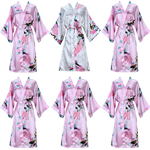 Set of 6 Women's Kimono Robe Peacock & Blossoms Satin Nightwear
