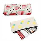 Lovely Fruit Canvas Pencil Bag Holder Pen Case Stationery Makeup Cosmetic Pouch Bag with Zipper (Set of 2, Pineapple & Watermelon)