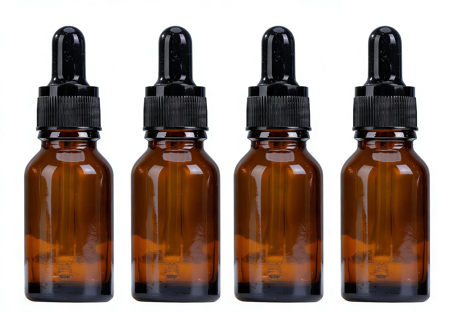 4PCS 15ml (1/2 oz) Empty Refillable Amber Glass Droppers Essential Oil Bottles Aromatherapy Cosmetics Elite Fluid Container Jar Pot Holder with Glass Eye Dropper and Black Caps