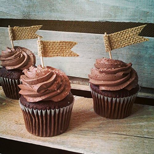 Set of 12-Burlap Flag Cupcake Toppers-Natural Burlap