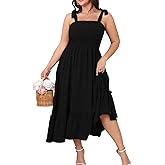 SHESTARR Women's Plus Size Summer Maxi Dress Casual Boho Sleeveless Spaghetti Strap Smocked Tiered Long Beach Sun Dresses