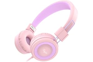 ELECDER i37 Kids Headphones for School Children Girls Boys Teens Foldable Adjustable On Ear Wired Headphones with 3.5mm Jack for Smartphones Chromebook Laptop Computer PC Tablets Travel, Peach/Purple