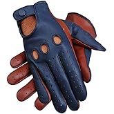Men's Two-Tone Unlined Leather Driving Gloves (Navy Blue, Large)