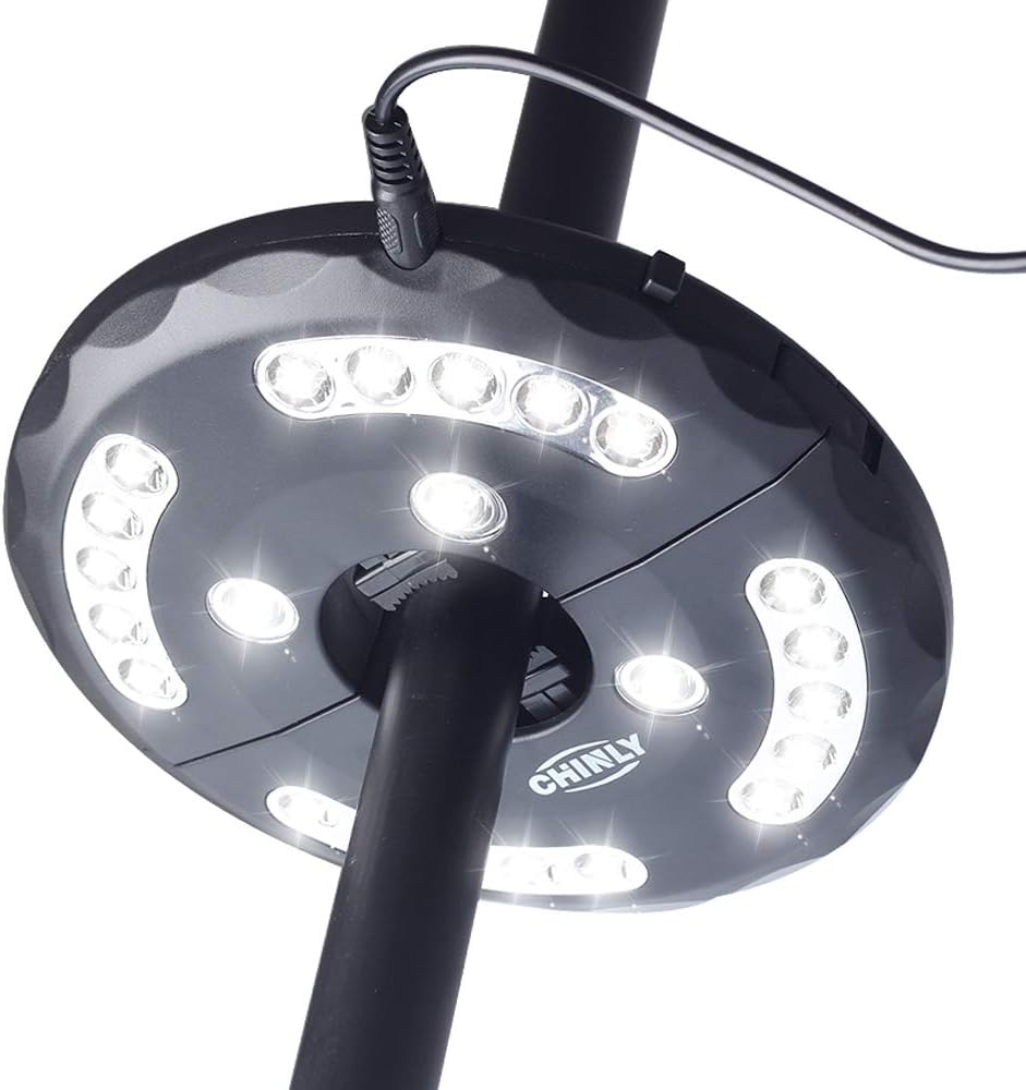 CHINLY Patio Umbrella Lights Rechargeable 24LEDs 3 Level Dimming Modes - 4 x AA Battery Operated, Charging Umbrella Pole Light for Patio Umbrellas, Outdoor Use, Or Camping Tents (White)
