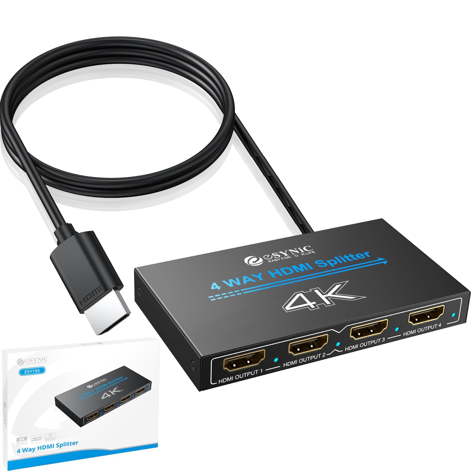 eSynic 4K@30HZ HDMI Splitter 1In 4Out Metal Shell Signal Transmission Stability 4 Way HDMI Splitter HDCP 1.4 Hdcp Bypass Splitter Supports Dolby& Other Audio Formats for Lap-top HDTV PS4 Blu-ray etc