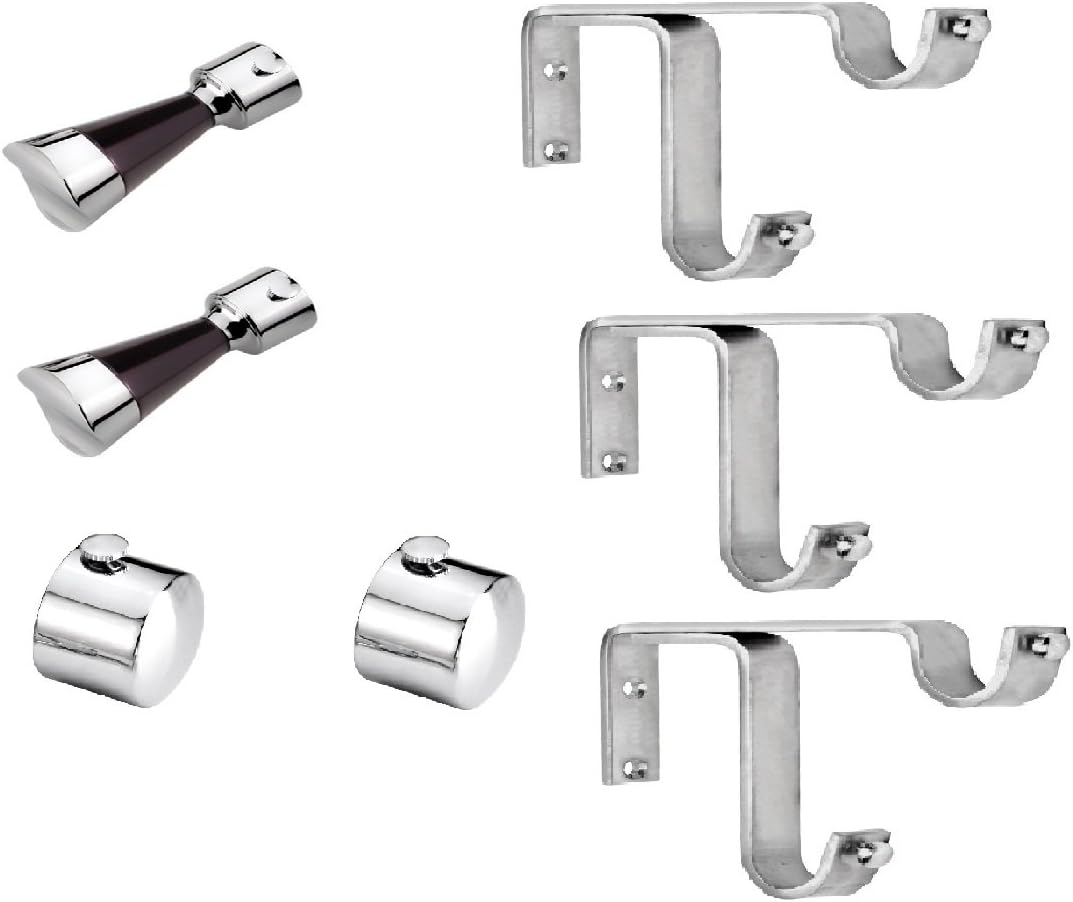 Ddrapes - 2 SS Simple Finial (Cap) + 2 SS+Wood Combination with 3 SS Strong Double Bracket for 2 Curtain Rod