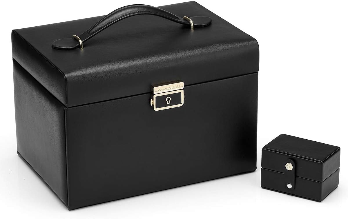 Vlando High Capacity Mirrored Jewelry Box Organizer with Handle, Soft PU Leather Wooden Decorative Jewelry Storage Case for Bracelets, Earrings, Rings, Necklaces, Brooches (Black)