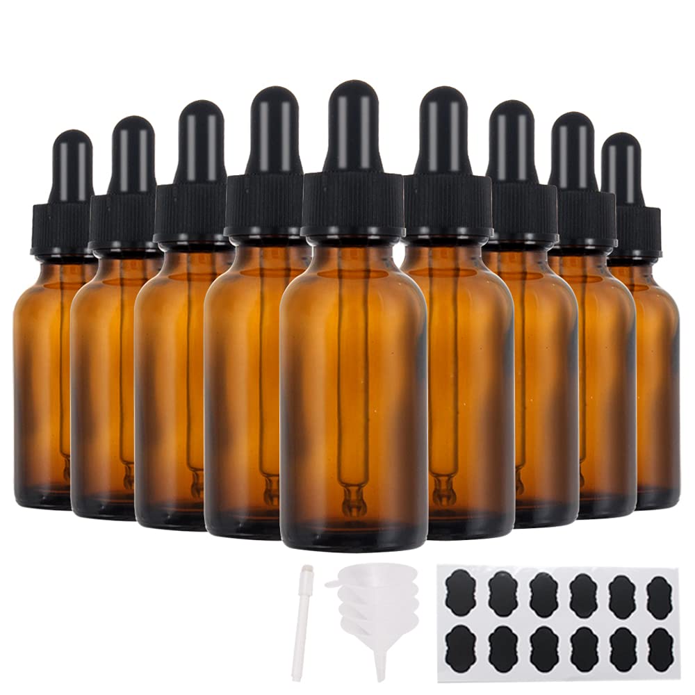 YBCPACK 24 Pack 1oz(30ml) Amber Glass Dropper Bottles with Pipette Dropper，24 Labels，1 Pen and 4 Funnels，Empty Glass Bottles for Essential Oil Blends，Perfumes，Aromatherapy and Chemistry Lab