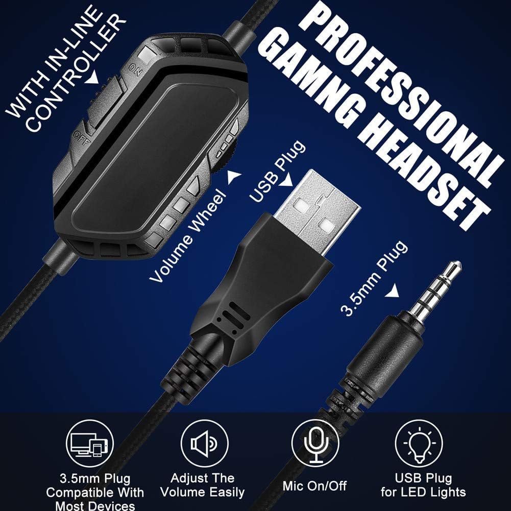YJY J1 Gaming Headset for PS4,PC, Xbox One Controller,Noise Cancelling Over Ear Headphones with Mic, LED Light, Bass Surround, Soft Memory Earmuffs for Laptop Mac Nintendo Switch Games,Blue: Home Audio & Theater