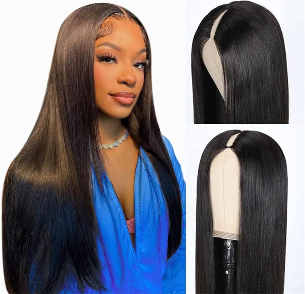 V Part Human Hair Wig for Black Women - 150% Density Straight Lace Front Wig, No Leave Out, Glueless, Full Head Clip In Half Wig, 18 Inch