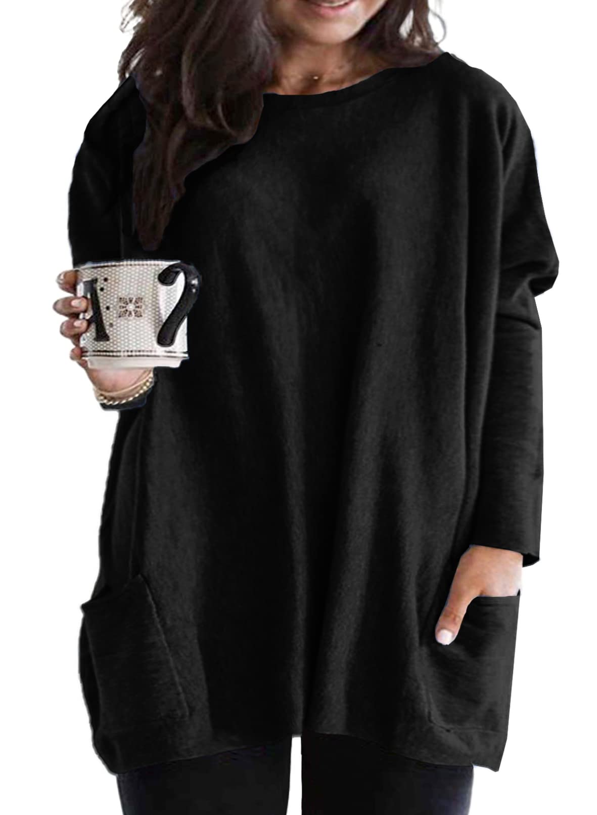 Photo 1 of Eytino Womens Plus Size Long Sleeve Tunic Tops for Leggings Casual Pullover Sweatshirts Crewneck Oversized Pocketed Shirts,4X Black