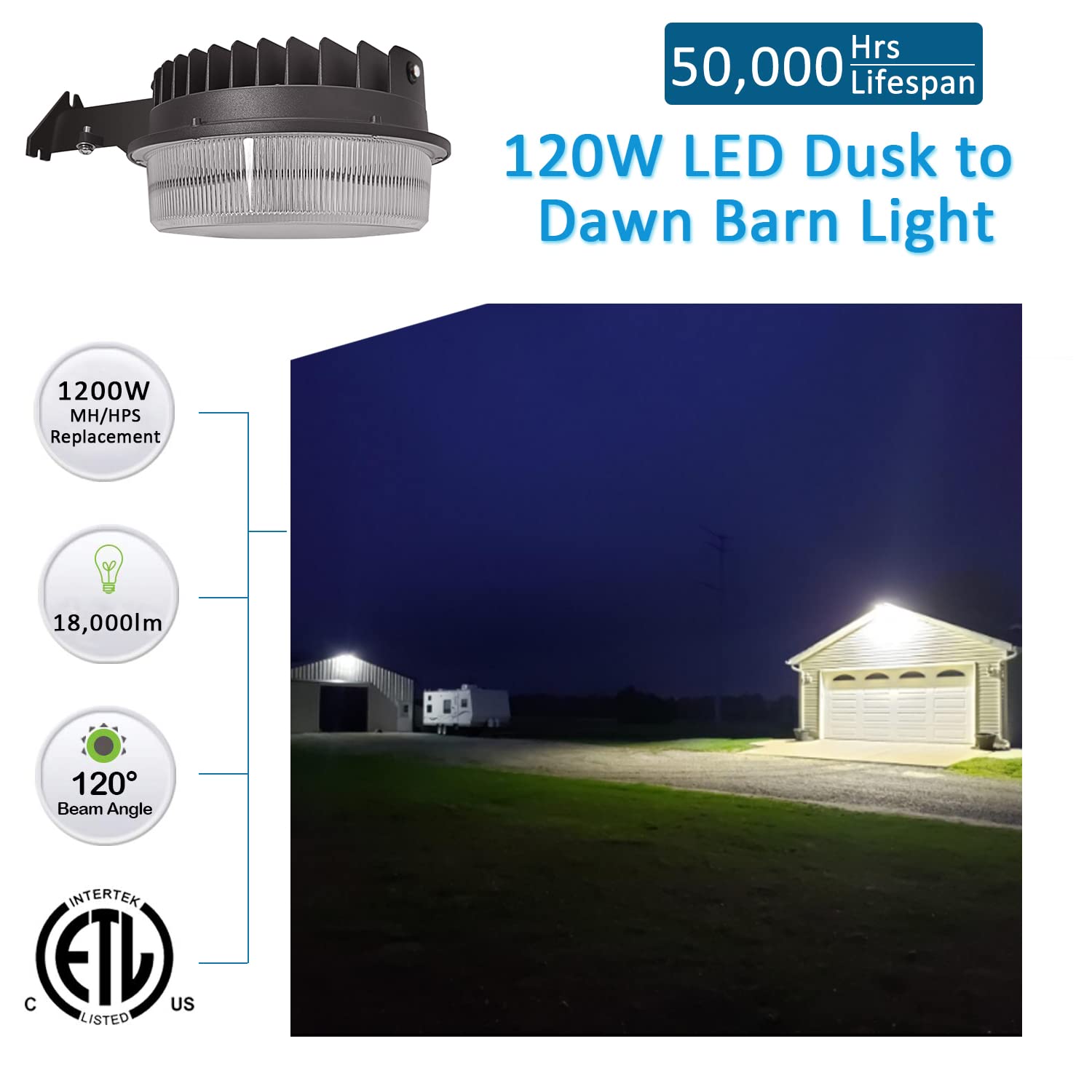 SZGMJIA 120W LED Barn Light, 18000lm Dusk to Dawn Outdoor Yard Lighting with Photocell, 5000K Daylight, 1200W MH/HPS Replacement, ETL&DLC Listed Waterproof for Security Area Light