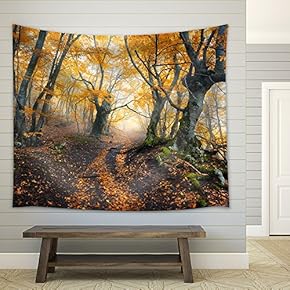 Mysterious Dark Old Forest in Fog. Autumn Morning in Crimea. Magical Atmosphere. Fairytale - Fabric Wall Tapestry Home Decor - 51x60 inches