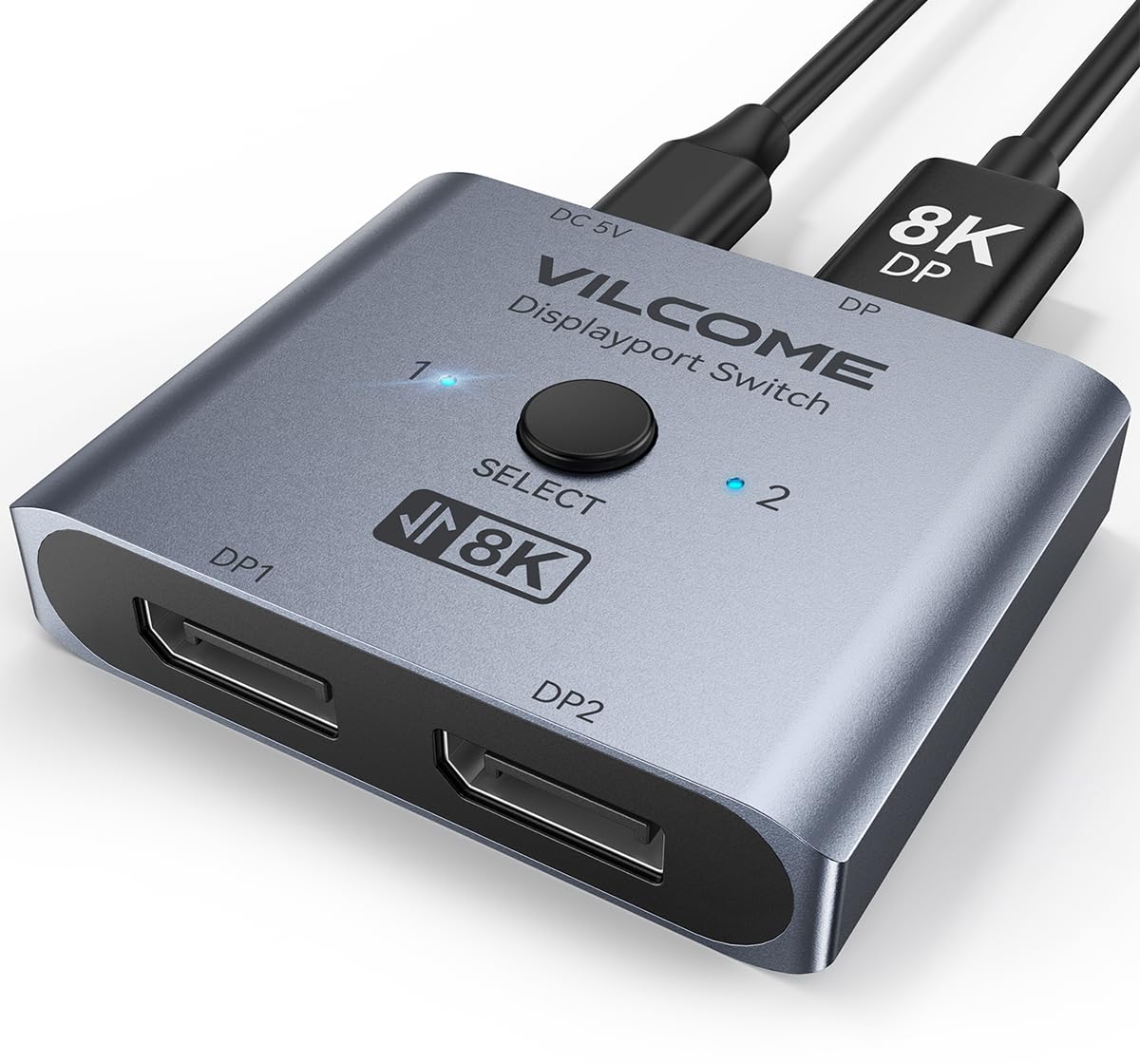 Photo 1 of Vilcome DisplayPort Switch 8K Splitter, Plug & Play, One-Button Switching, Bidirectional Display Port Switcher Box 2 in 1 Out/ 1 in 2 Out, 8K@60Hz, 4K@120Hz, 1080P@240Hz for PC Monitor Laptop (Gray)