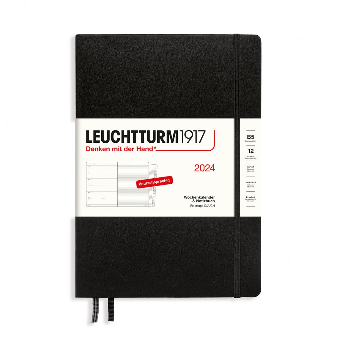 LEUCHTTURM1917 367763 Weekly Calendar & Notebook Composition (B5) 2024, with Extra Book for Addresses and Anniversaries, Black, German, 12 Months