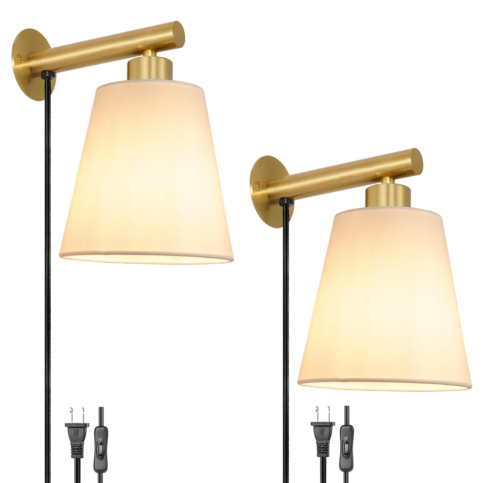 Photo 1 of OIYIO Gold Plug in Wall Sconces Set of 2, Bedside Wall Lamps Plug in with Fabric Linen Shade, Brass Gold Wall Sconce with Cord, Plug in Wall Decor Bedroom Wall Lights for Living Room Hallway Porch