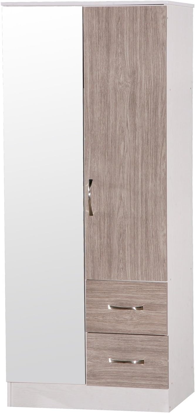 Marina 2 Door Mirrored Combi Wardrobe, Wood, Grey/White, 46.5 x 76 x 180.5 cm