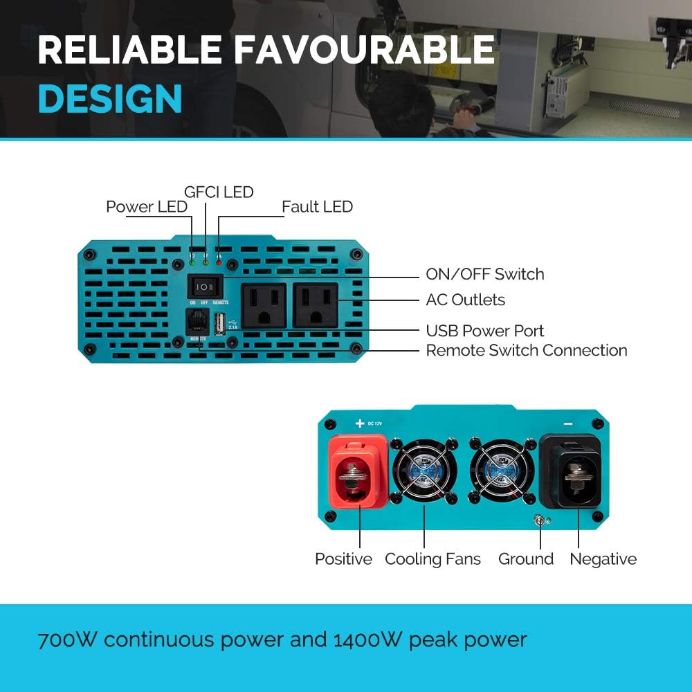 Renogy 700W 12V Pure Sine Wave off GRID Solar Home Use Inverter 700 Watt 12 Volt Battery Power Inverter