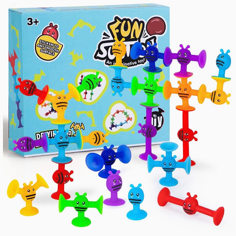19 Pcs Suction Toys Kids Bath Toys Slicone Sucker Toys for Kids Sensory Toys for 3 4 5 6 7 Year Old Boys Girls,Toddler Montessori toys,Window Toys Building Toys for Stress Release and Travel