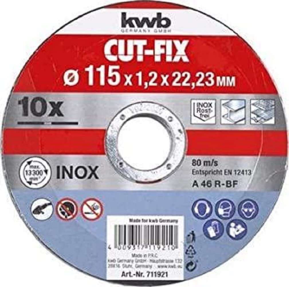 kwb Cut-FIX Thin Cutting Disc Set - 115mm x 1.2mm for Angle Grinders, 10-Piece Pack
