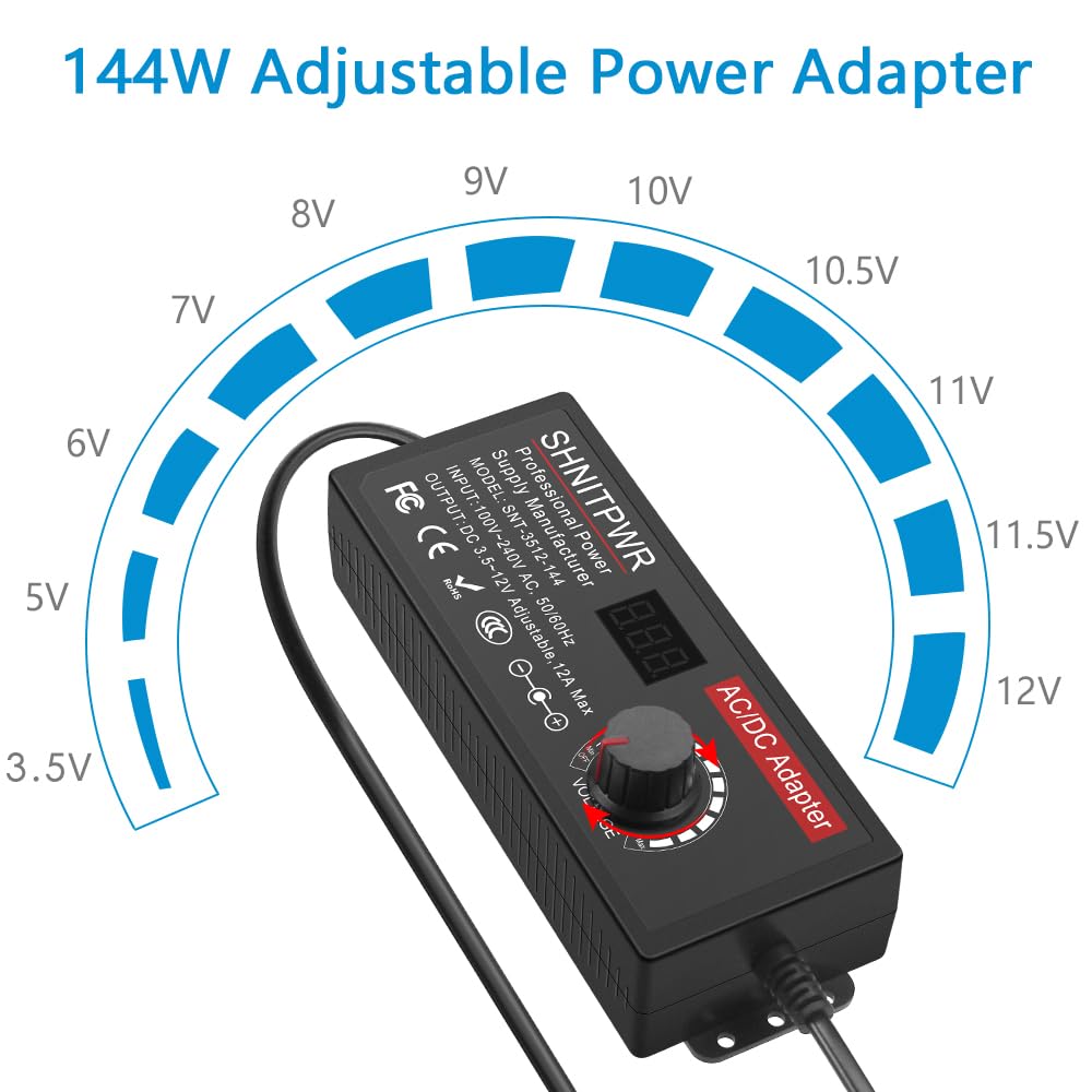 SHNITPWR Power Supply Adjustable DC 12V 11V 10V 8V 9V 6V 5V 3.5V Universal AC Adapter Multi-Voltage AC/DC Adapter 3.5V~12V 12A 144W DC Power Adapter 100V~240V AC to DC Variable Power Converter 14 Tips