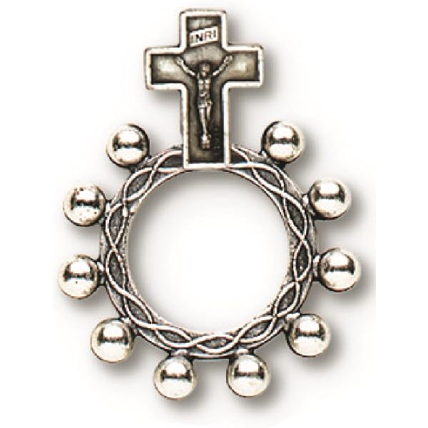 Silver Tone Saint Benedict Medal Rosary Ring - One Decade, Zinc Alloy, One Size Fits Most