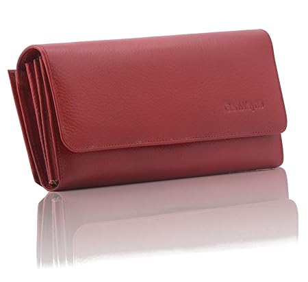 GenWayne Leather Wallet for Women Ladies Purse Handbag Clutch Bags (Red Two Tone)