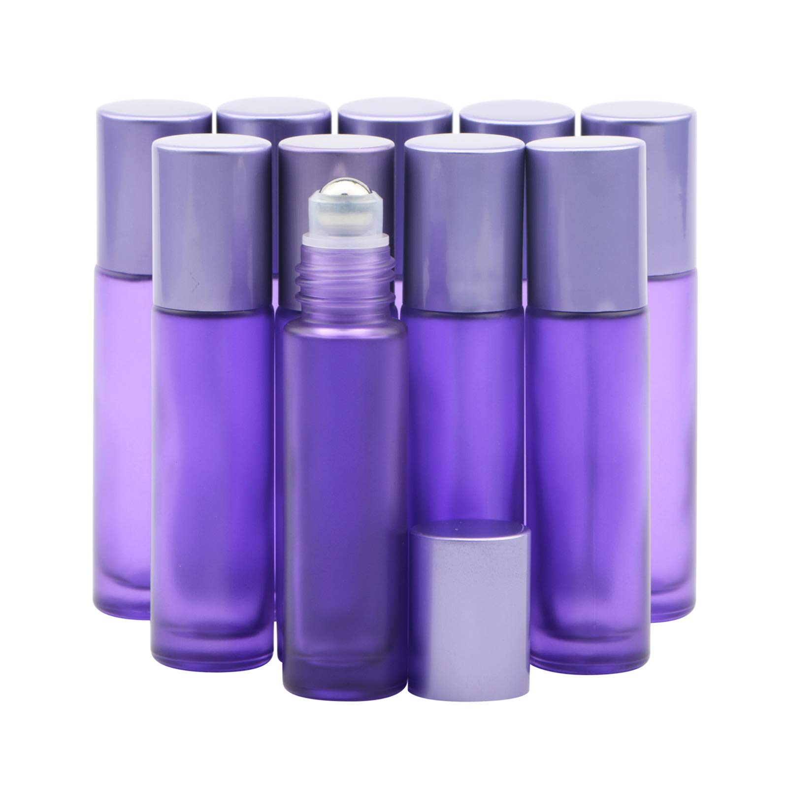 Rowiz 10PCS 10ml Essential Oil Roller Bottles Purple Frosted Glass Bottle Leakproof Glass Bottle With Stainless Steel Balls And Anodized Aluminum Screwcap For Perfume & Aromatherapy Oils