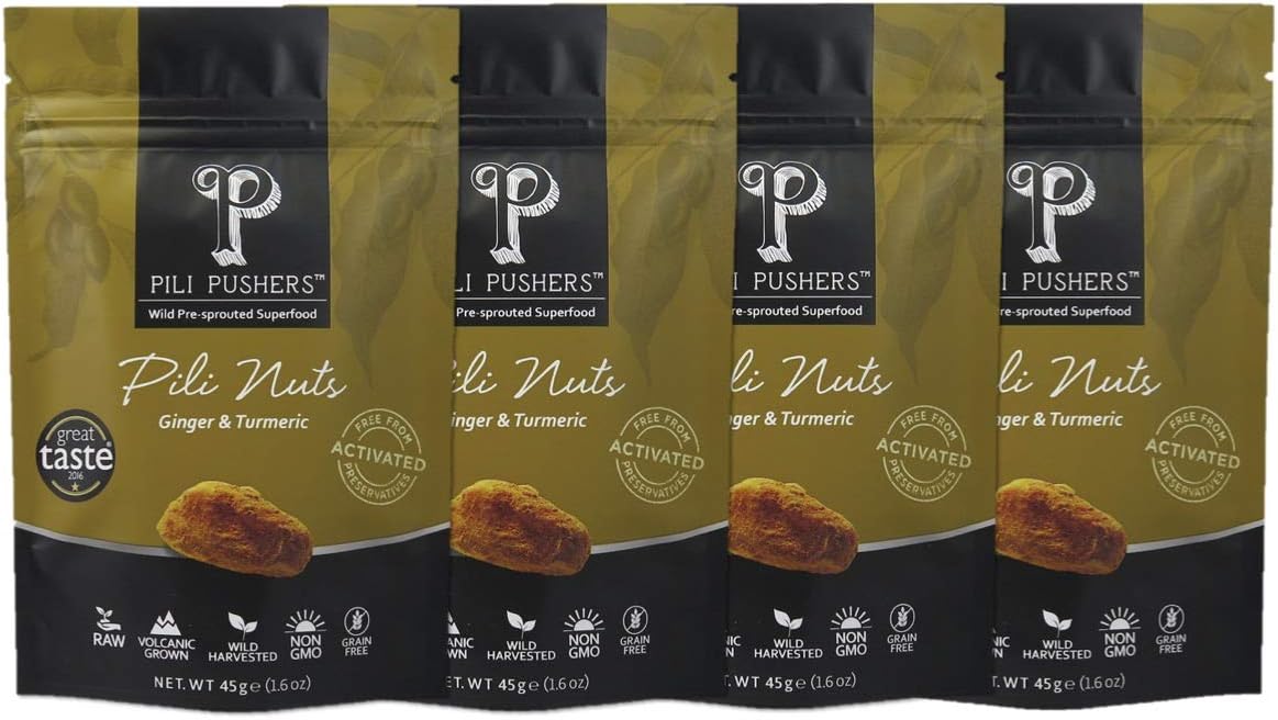 Pili Pushers Ginger And Turmeric Pili Nuts 45g 1.59oz (Pack of 4) (Wild, Sprouted, Dehydrated)