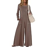 Nirovien Womens Long Sleeve Jumpsuit Dressy Casual Wide Leg Pant Romper One Piece Outfits with Pockets