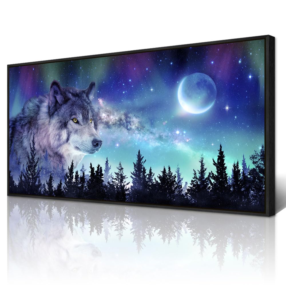 Photo 1 of Wapluam Abstract Aurora Scenery Paintings Black Framed Canvas Wall Art For Living Room Family Wall Decor For Bedroom Wall Decorations For Office Wolf Wall Pictures Artwork Room Large Home Decor