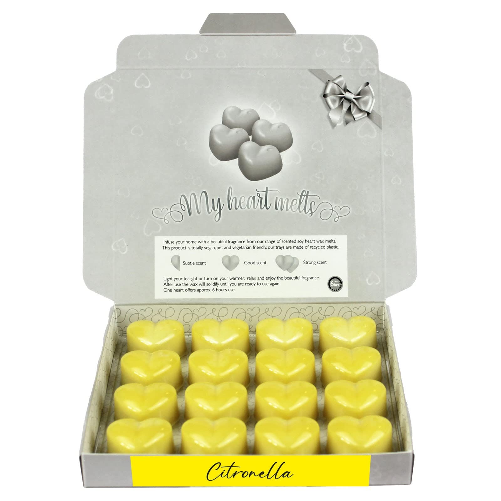 Citronella Wax Melts: 16 x 5g Heart Shaped Wax Melts Scented, Vegan & Pet Friendly, Cruelty & Plastic Free, Candle Alternative